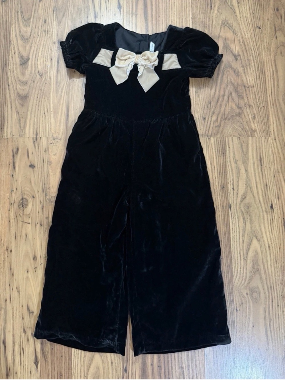 Janie and Jack Black Velvet Jumpsuit with Cream Bow Accent